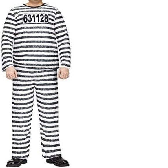 Convict Prisoner Halloween Costume OS Jailbird 3 Pc Black White Party Mens - Picture 1 of 5